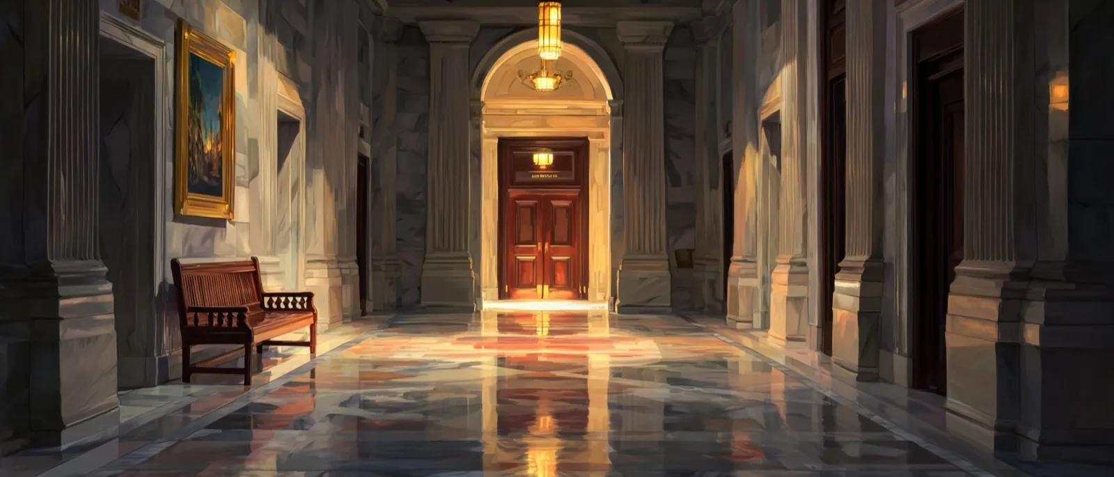 A long marble corridor in an institutional building
