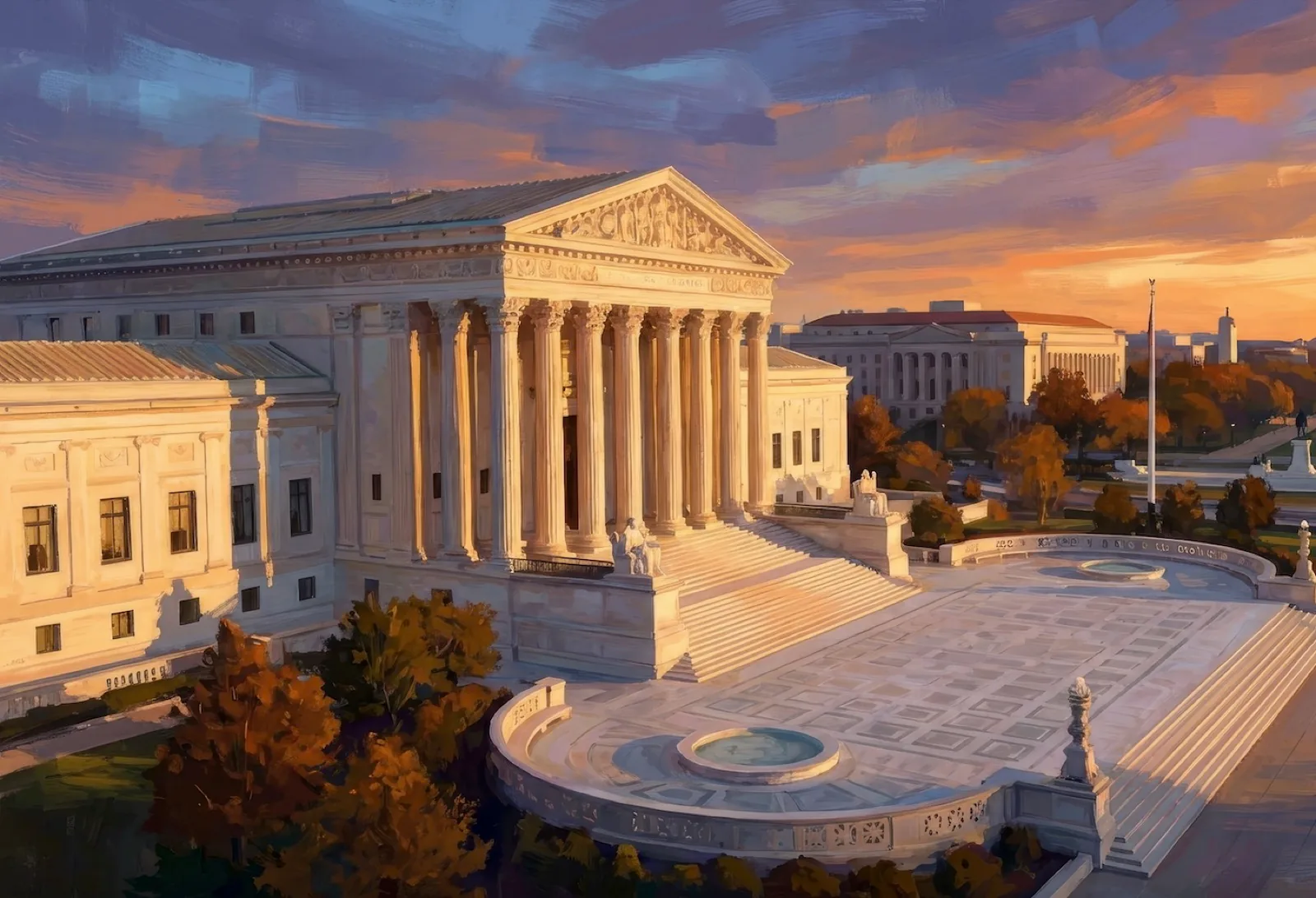 A grand courthouse at sunset, columns lit against an evening sky