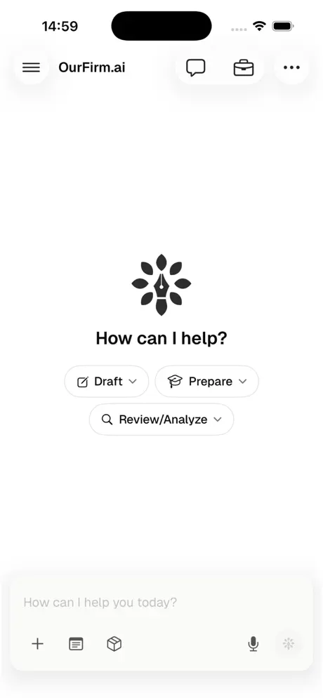The OurFirm.ai iPhone app on its home screen, showing the prompt “How can I help?” with Draft, Prepare and Review or Analyze actions.
